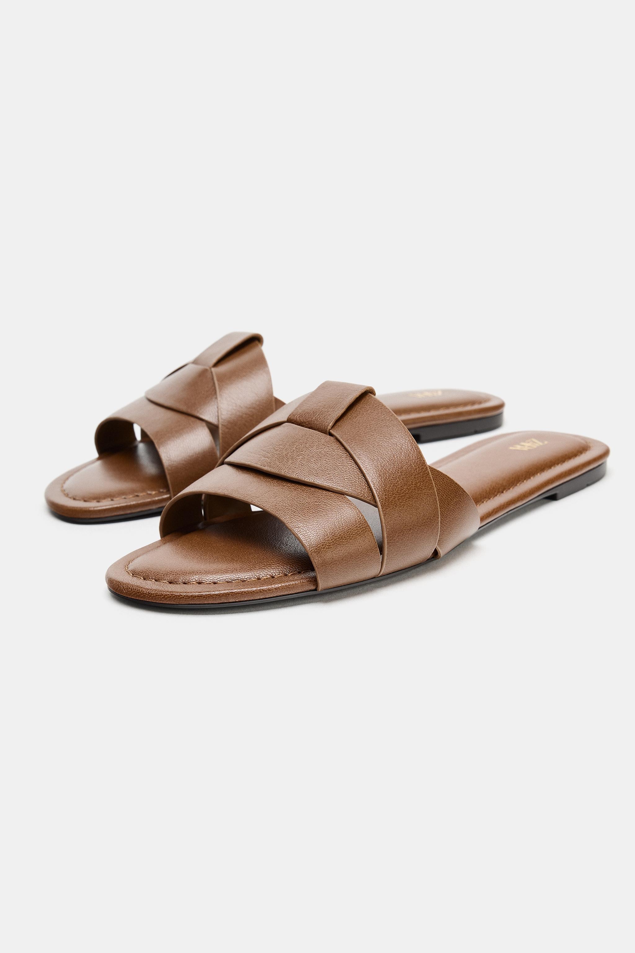 LEATHER CROSSED STRAP FLAT SANDALS
